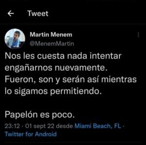 Tuit eliminado por el diputado Menem