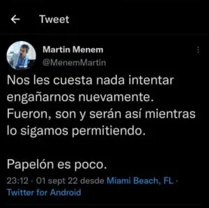Tuit eliminado por el diputado Menem